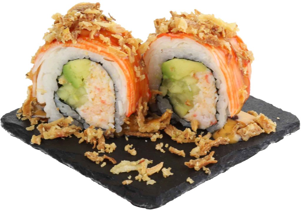 This is a picture of 2 cuts of a Crunchy L.A. roll on a board. 